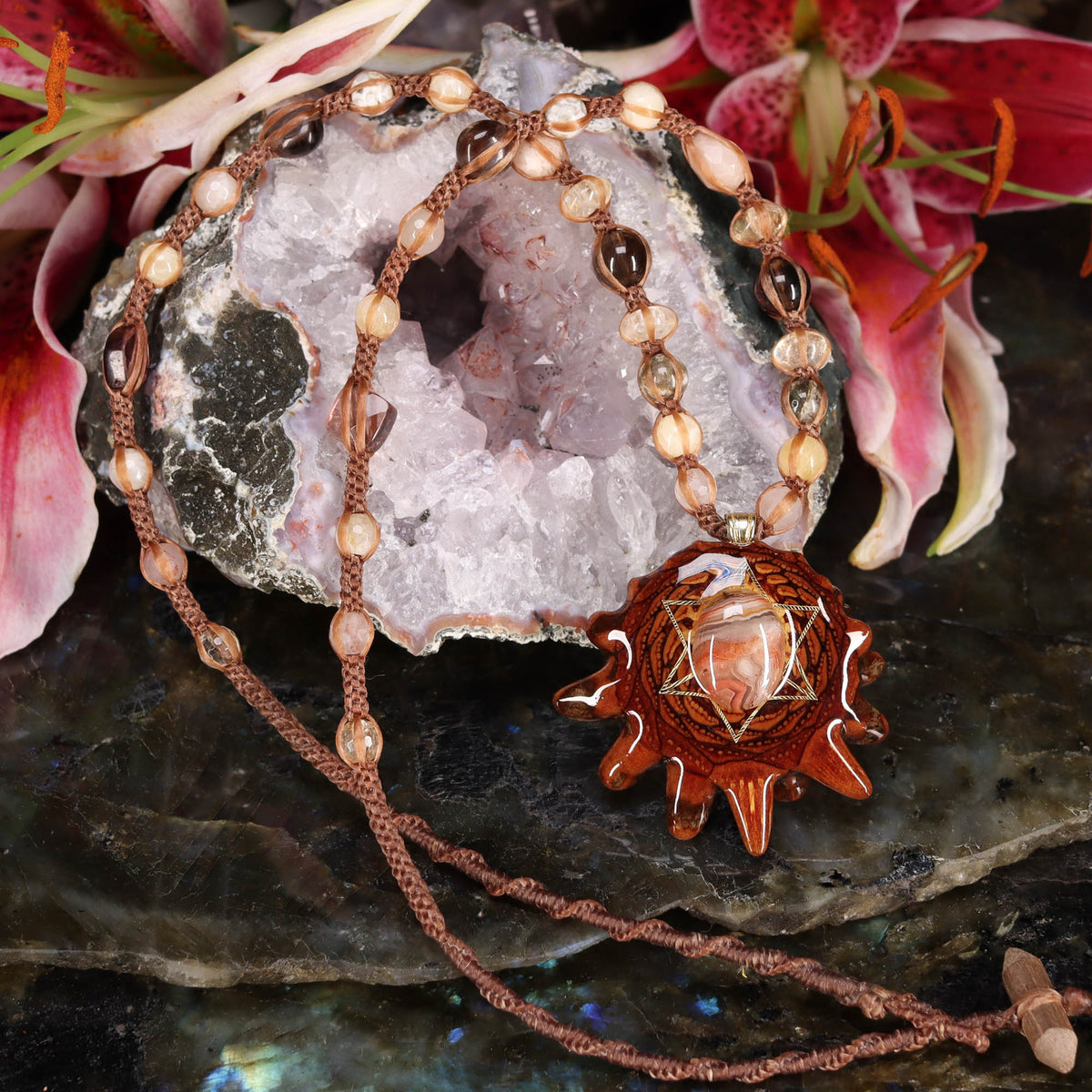 Crazy Lace Agate with Gold Merkaba Baby Sinew – Third Eye Pinecones