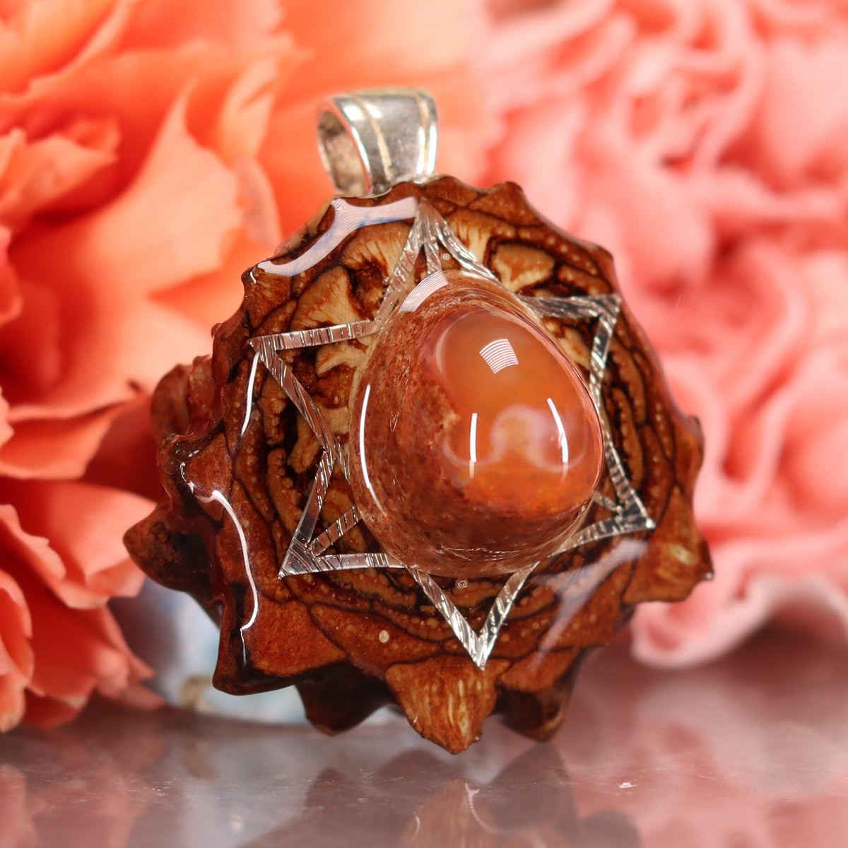 Mexican Fire Opal with Silver Merkaba Third Eye Pinecones