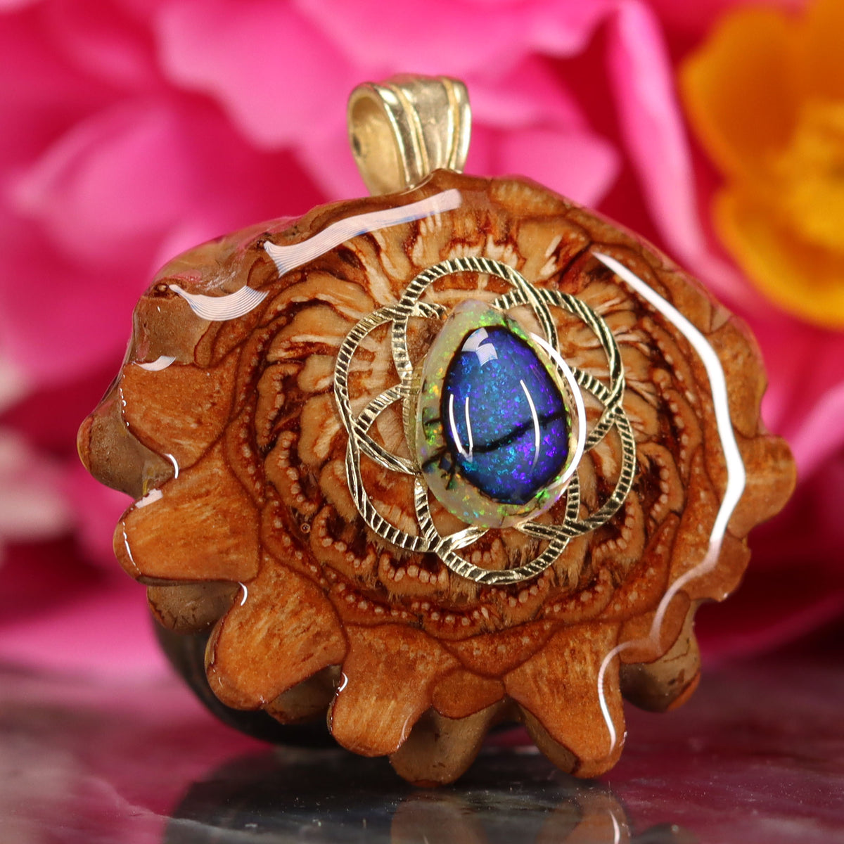 Sterling Opal with Gold Seed of Life Third Eye Pinecones