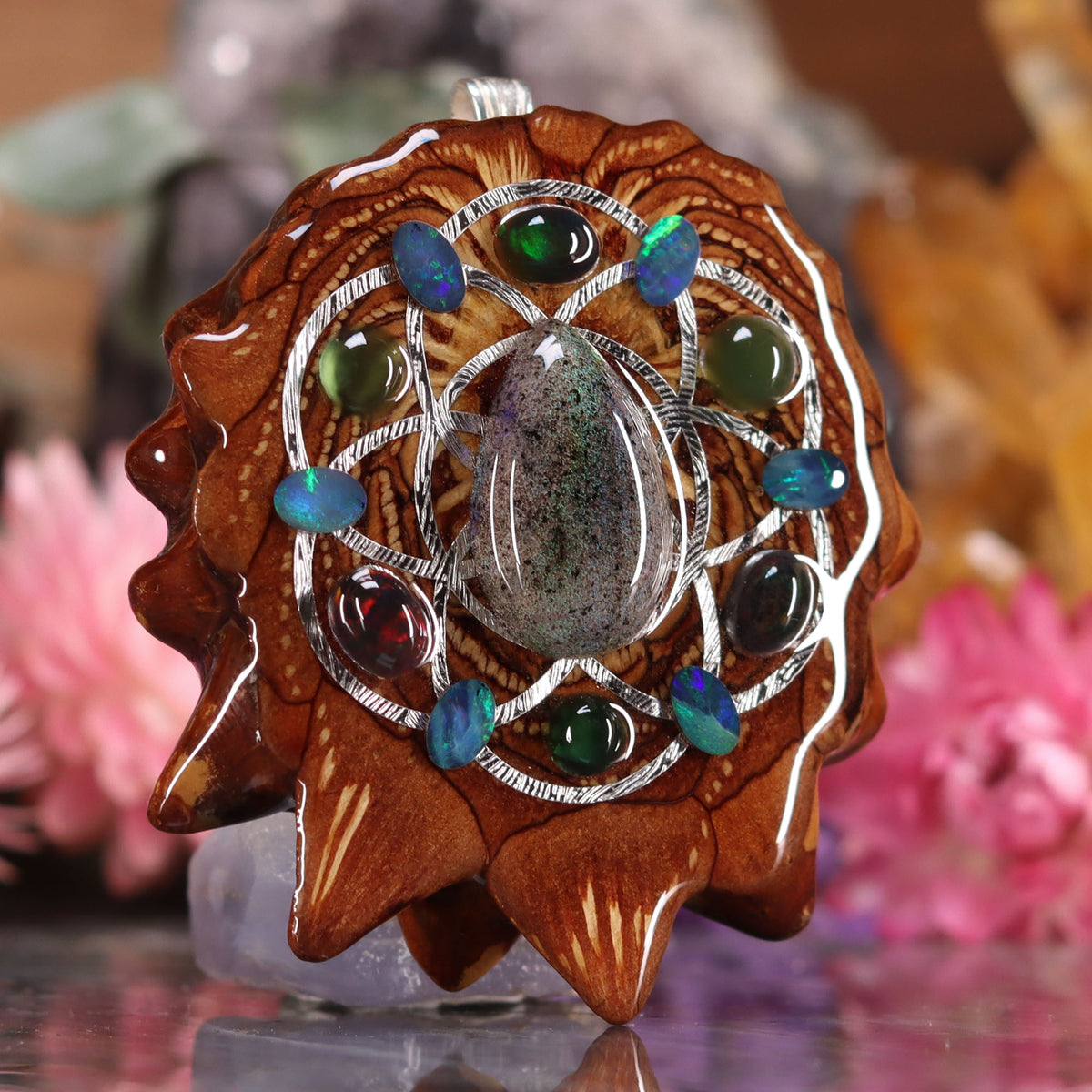 Black Opal with Silver Seed of Life MultiStone Third Eye Pinecones