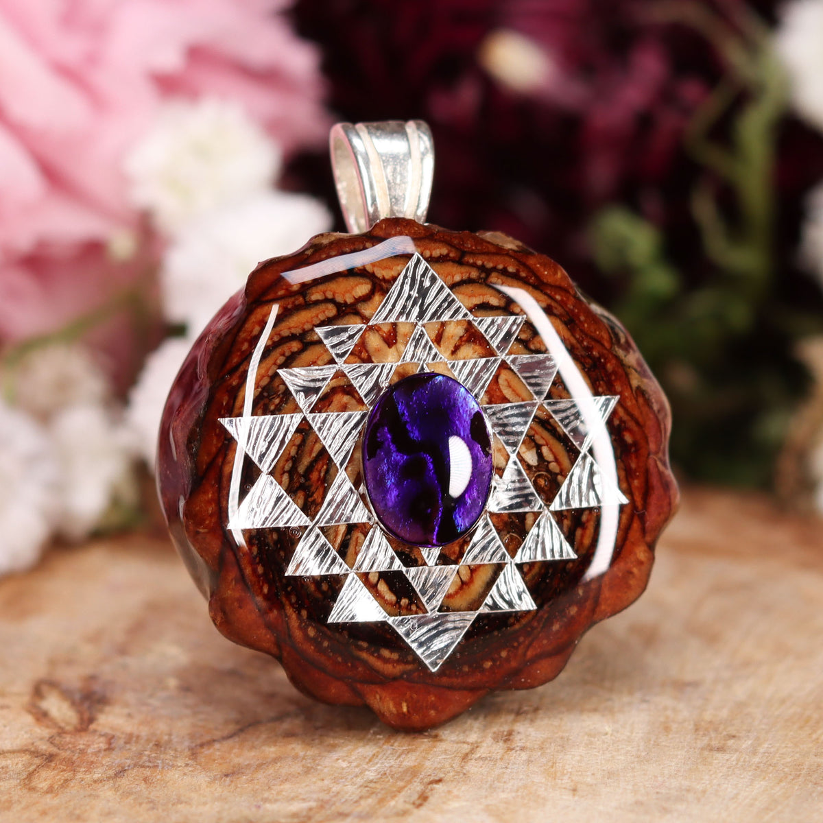 Purple Paua Shell with Silver Sri Yantra – Third Eye Pinecones