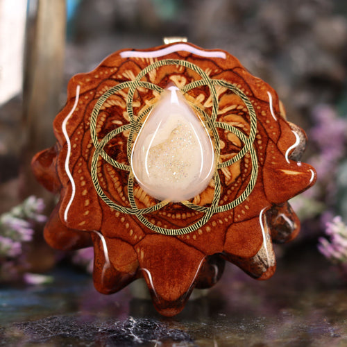White Druzy Quartz with Gold Seed of Life